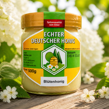 Ein Glas mit Blütenhonig